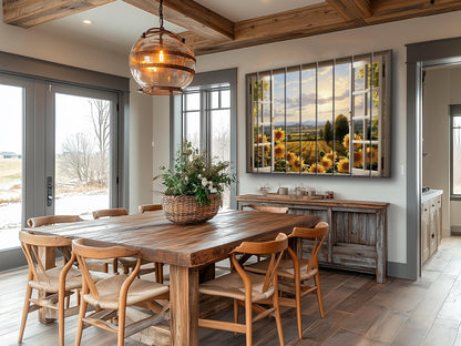 Rustic Wood Wall Art – Sunflowers Wall Art with Open Window Field View Print