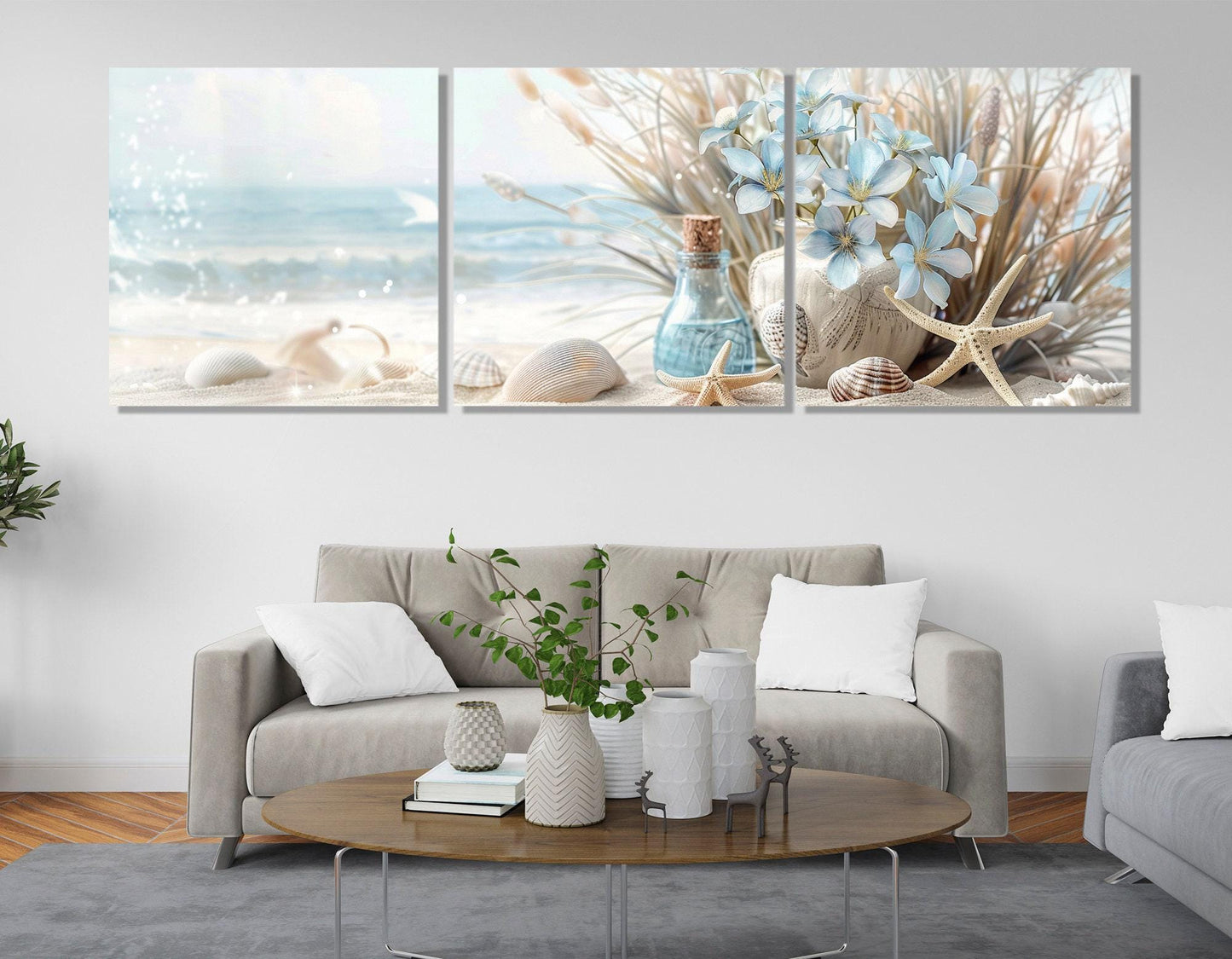 Sea Still Life Painting | Framed Canvas Print - Soft Colors Floral Beach Wall Art