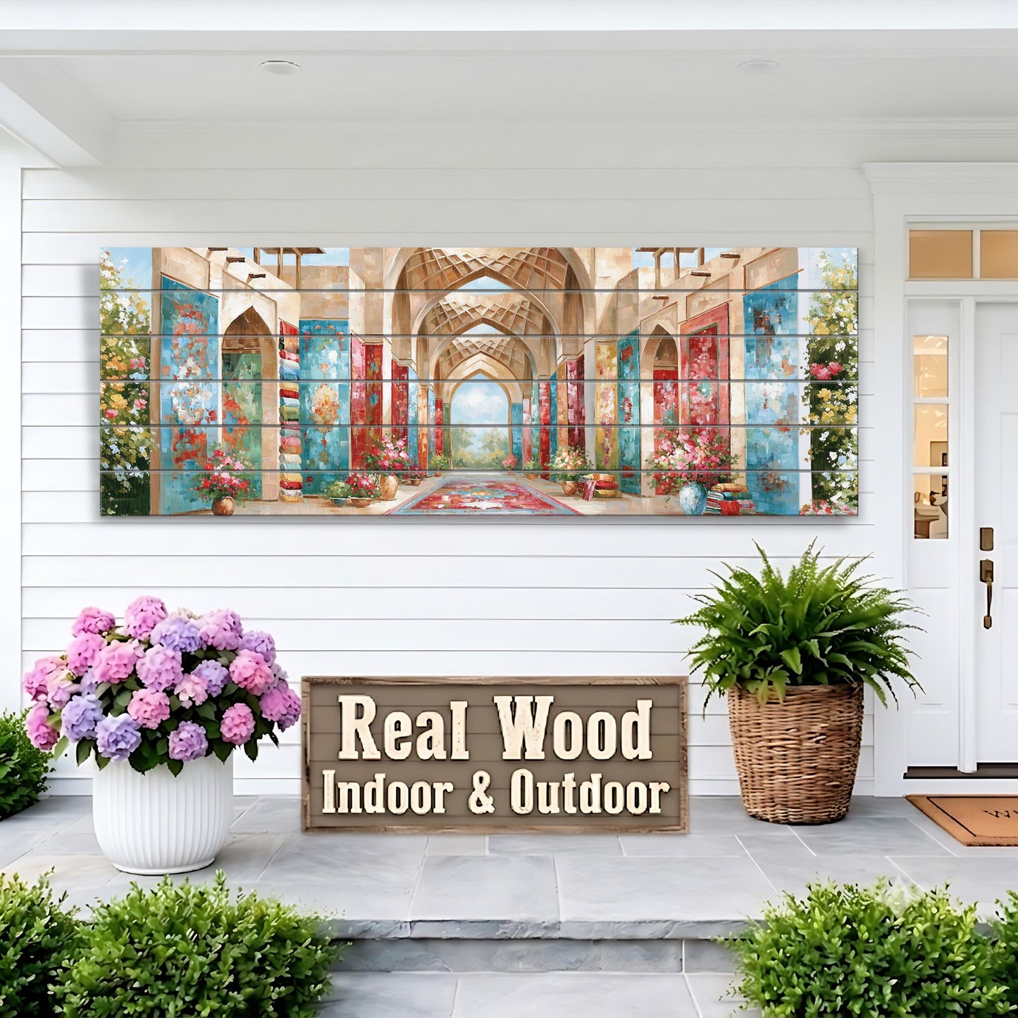 a large, colorful painting of an ornate hallway or corridor, displayed on a white wall above a wooden sign that reads "Real Wood Indoor & Outdoor". The painting is surrounded by potted plants, including a large purple hydrangea bush and a smaller green fern, which are placed on the front porch of a white house.