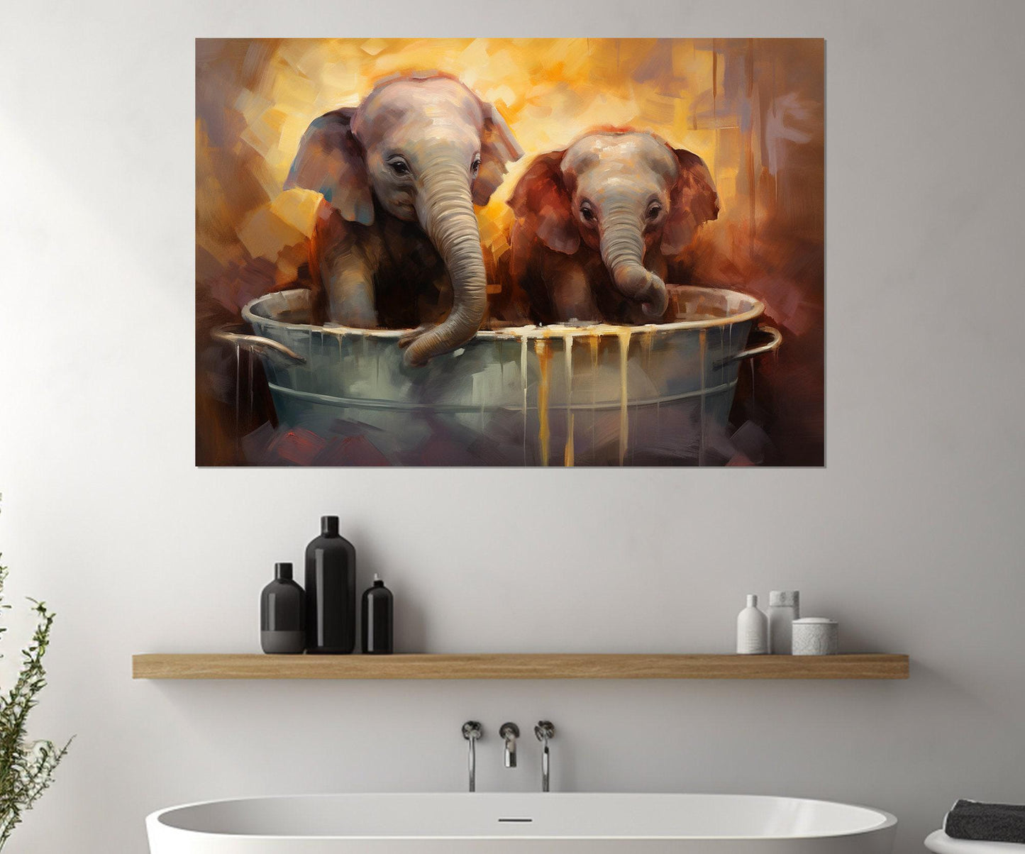 Cute Elephants in the Bathtub Canvas Print, Bathroom Wall Decor, Framed and Ready to Hang