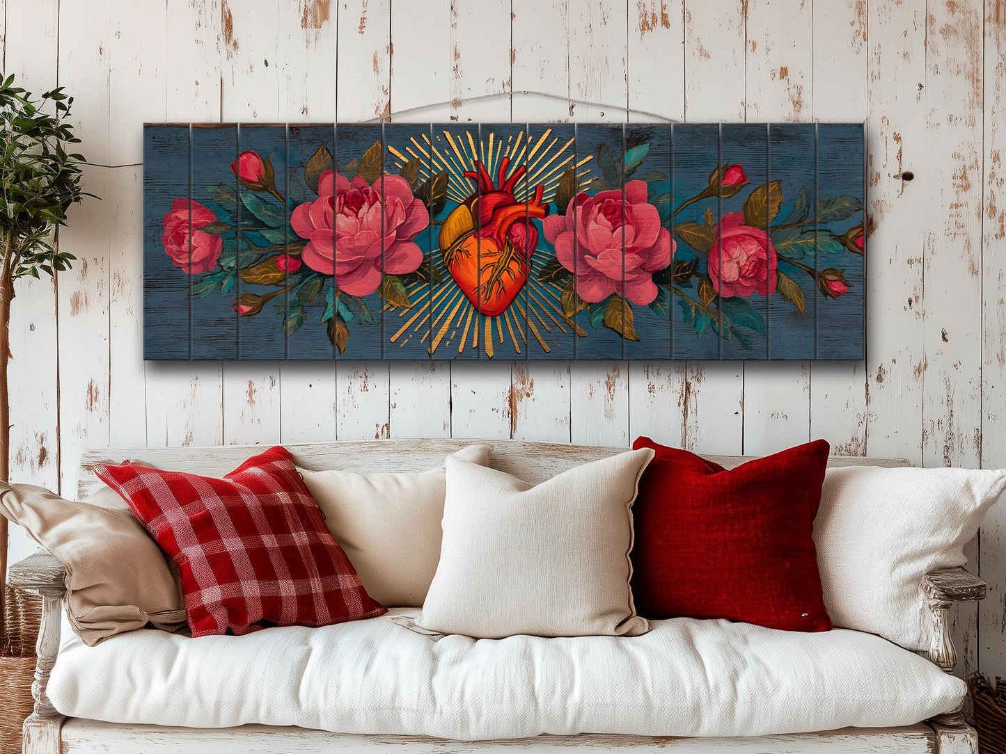 Sacred Heart Wall Art – Handcrafted Wood Wall Decor | Blooming Roses Print