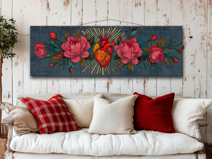 Sacred Heart Wall Art – Handcrafted Wood Wall Decor | Blooming Roses Print