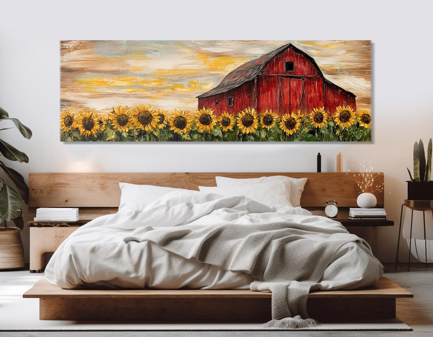 Rustic Farmhouse Wall Art – Sunflower Canvas Print with Old Barn Framed Canvas