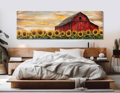 Rustic Farmhouse Wall Art – Sunflower Canvas Print with Old Barn Framed Canvas