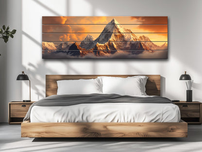 Everest Sunset Painting - Rustic Wood Wall Art With Warm Wood Texture