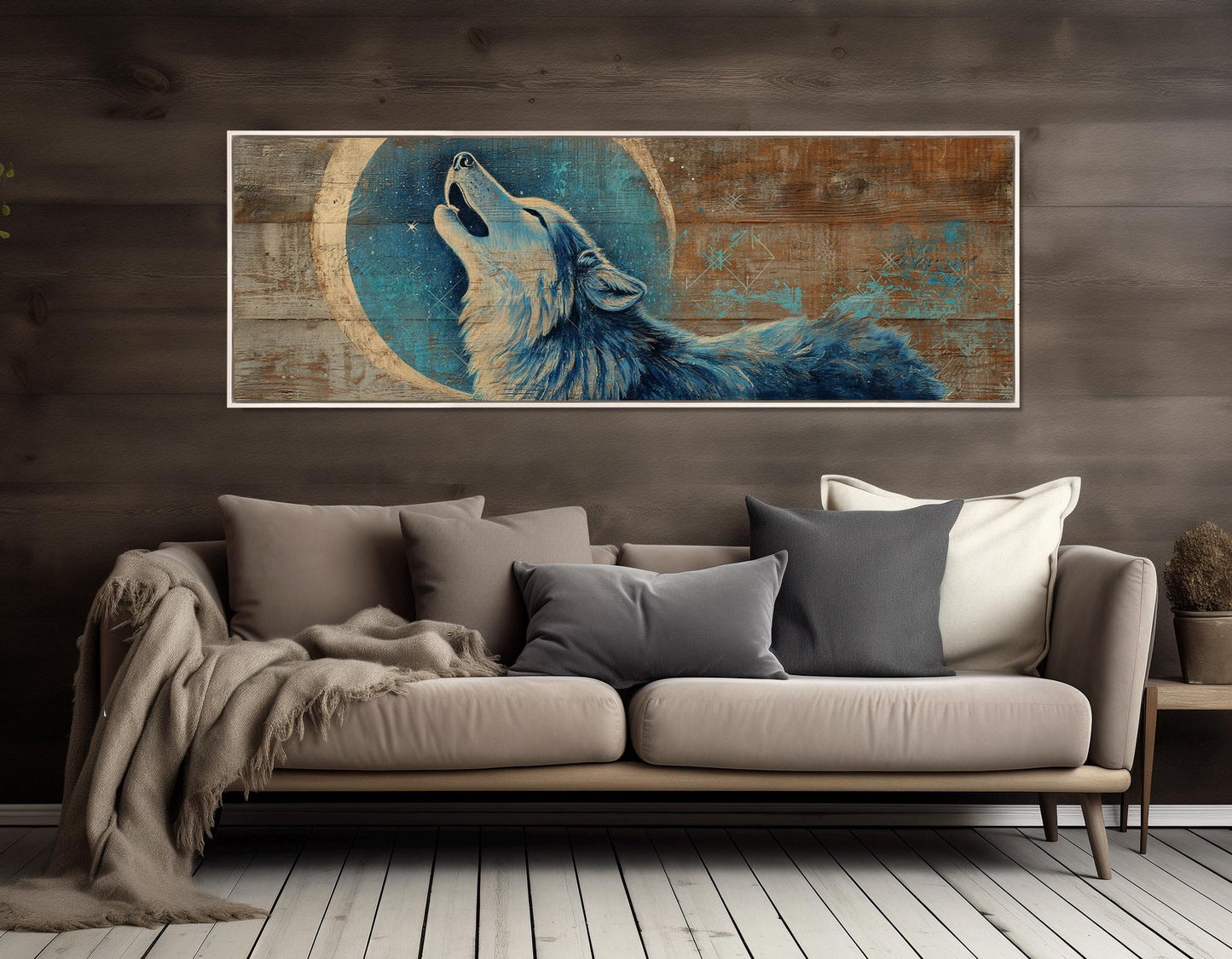 Wolf Canvas Print - Rustic Wolf Art Howling Under Crescent Moon | Framed & Ready to Hang