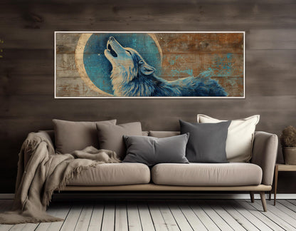 Wolf Canvas Print - Rustic Wolf Art Howling Under Crescent Moon | Framed & Ready to Hang
