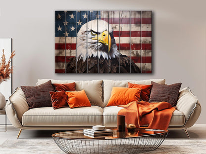 Rustic Patriotic Wall Art – Bald Eagle Wall Decor on Natural Wood Plank