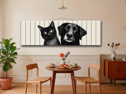 Cat and Dog Print on Wood, Black and White Pet Wall Art, Rustic Bedroom Print