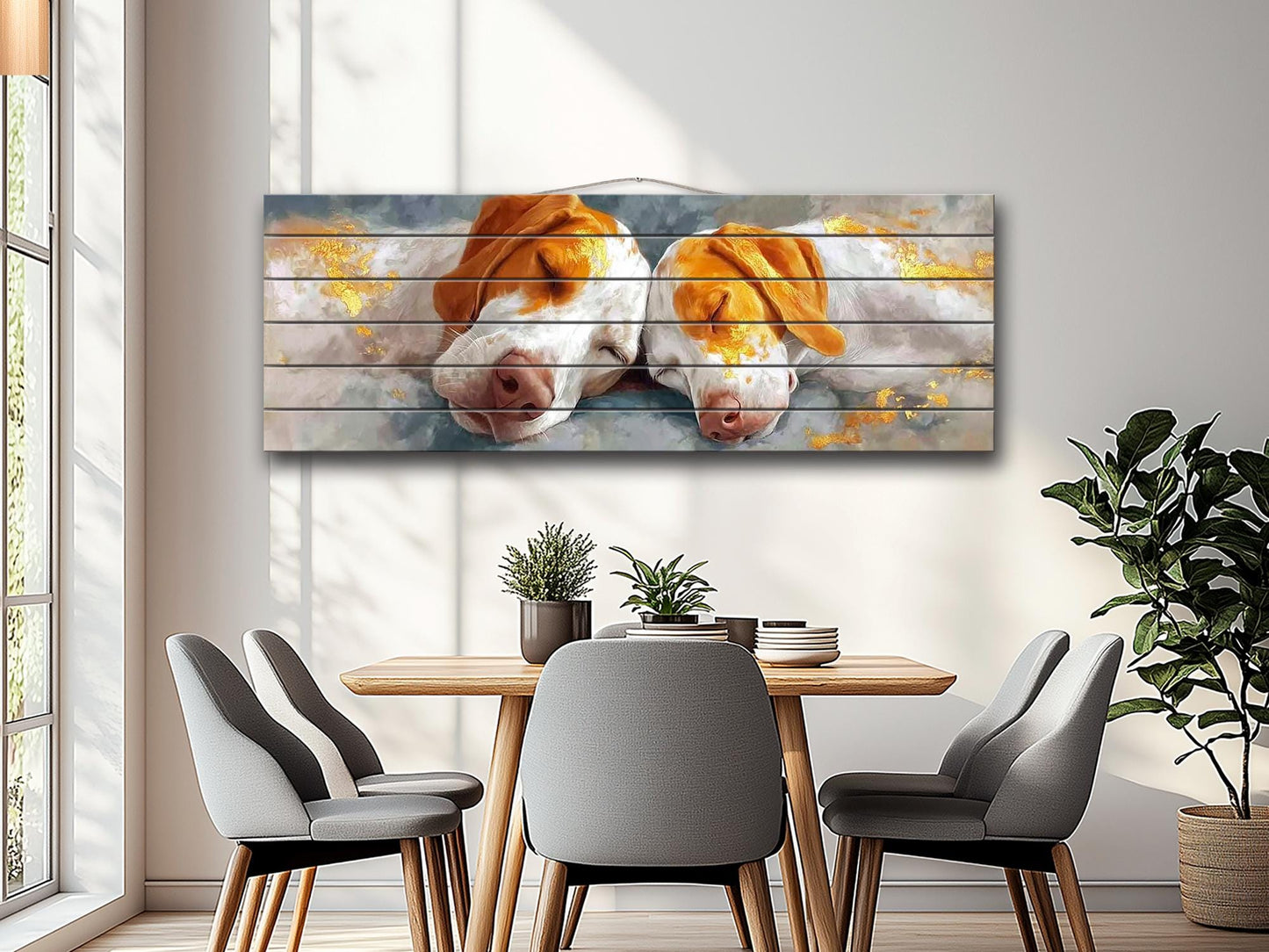 Sleeping Hounds Print on Natural Wood, Romantic Bedroom Decor, Rustic Pet Wall Art