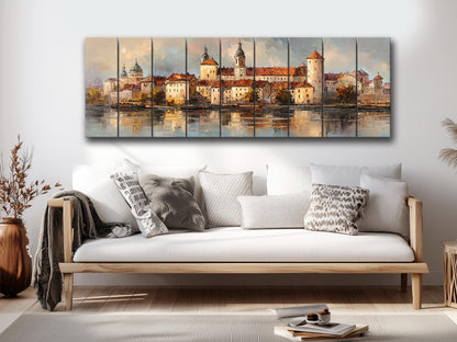 Krakow Skyline Wood Print – Rustic Wall Art With Castle River Painting On Distressed Wood