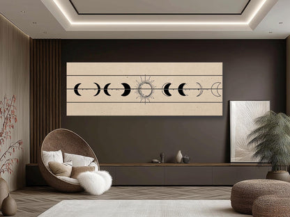 Moon Phases Print on Wood, Minimalist Lunar Cycle Painting, Rustic Wall Decor, Boho Wall Art