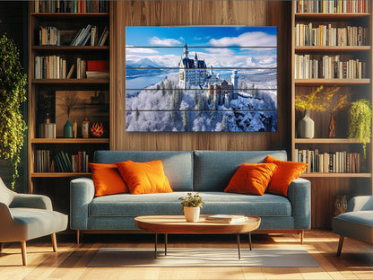 Neuschwanstein Castle Painting – Winter Castle Wall Art on Natural Wood Planks