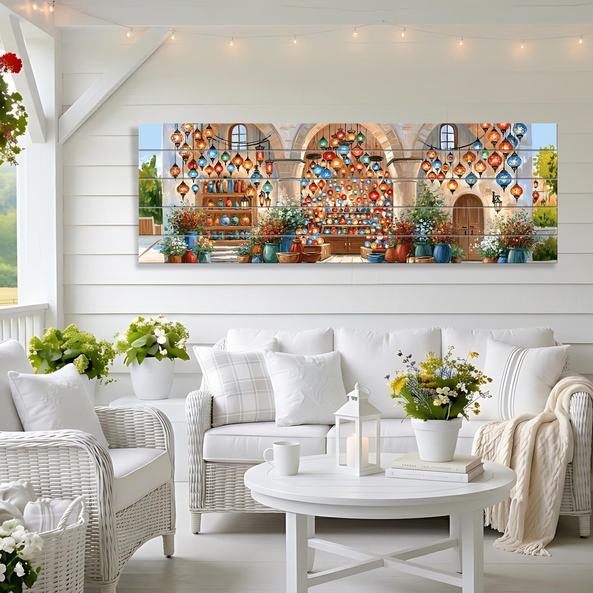 a cozy and inviting living room with a white color scheme and a variety of decorative elements. The room features a white sofa, a round coffee table, and a wicker chair. Above the sofa, there is a large, colorful painting of a building with a garden, adding a touch of whimsy to the space. The room is also adorned with several potted plants, vases, and books, creating a warm and welcoming atmosphere.