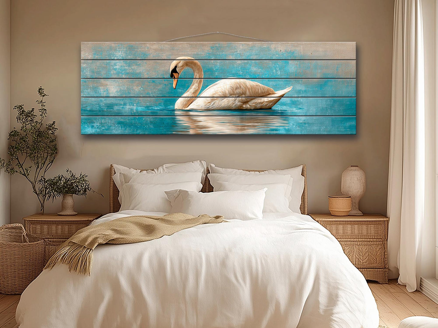 Swan Print Wood - Elegant Wildlife Wall Art | Rustic Farmhouse Beige Blue Painting