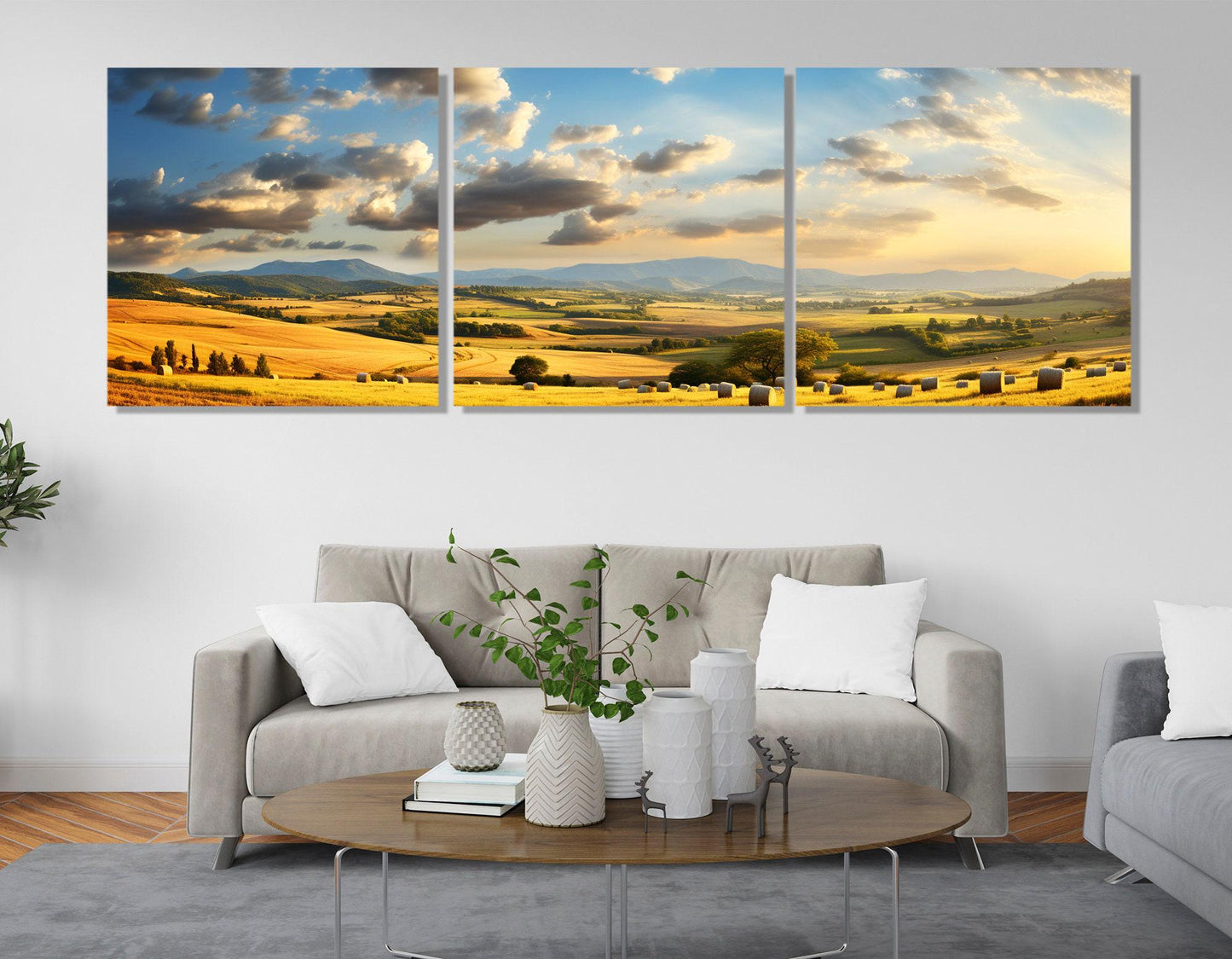 Field with Haystacks Canvas | Rustic Farm Wall Art - Framed & Ready to Hang