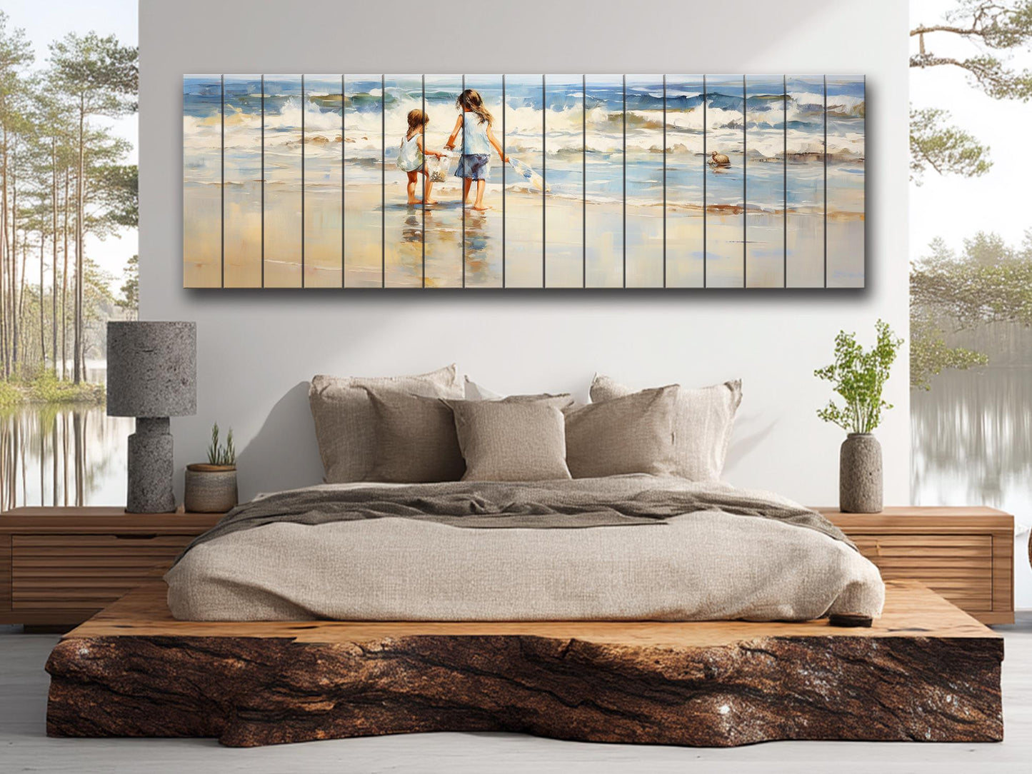 Rustic Wood Wall Art | Wooden Beach Painting with Warm Wood Texture for Kids Room