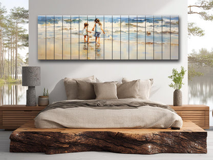 Rustic Wood Wall Art | Wooden Beach Painting with Warm Wood Texture for Kids Room