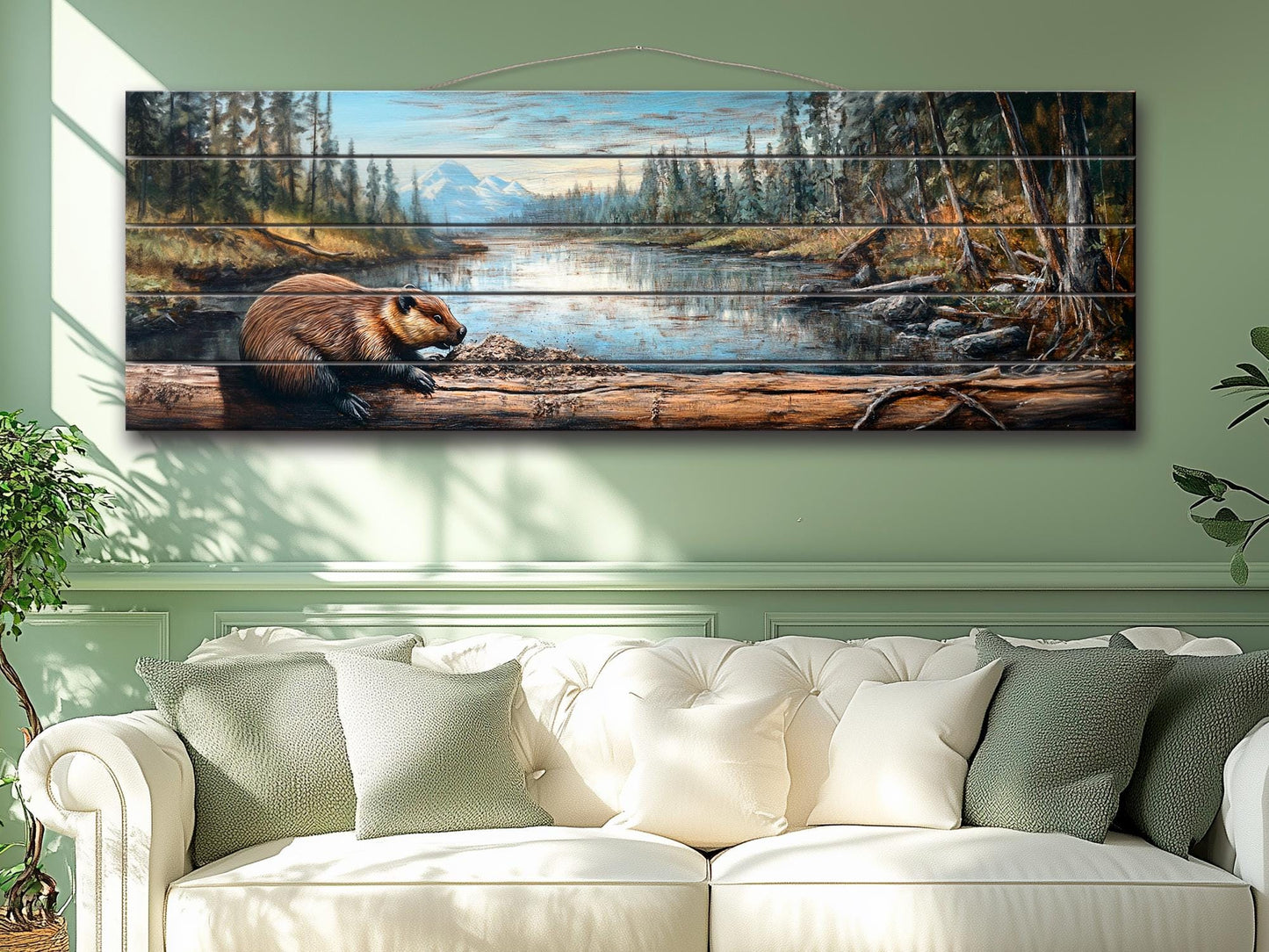 Rustic Beaver Building a Dam in Forest Print on Natural Wood, Rustic Forest Wall Art, Forest Landscape Painting, Wood Print, Wood Wall Art