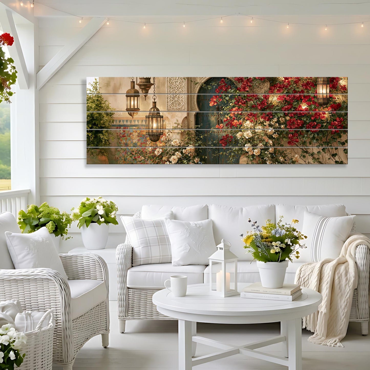 Moroccan Courtyard Canvas Print, Blue Door Wall Art, Floral Archway Painting, Islamic Architecture Canvas Decor