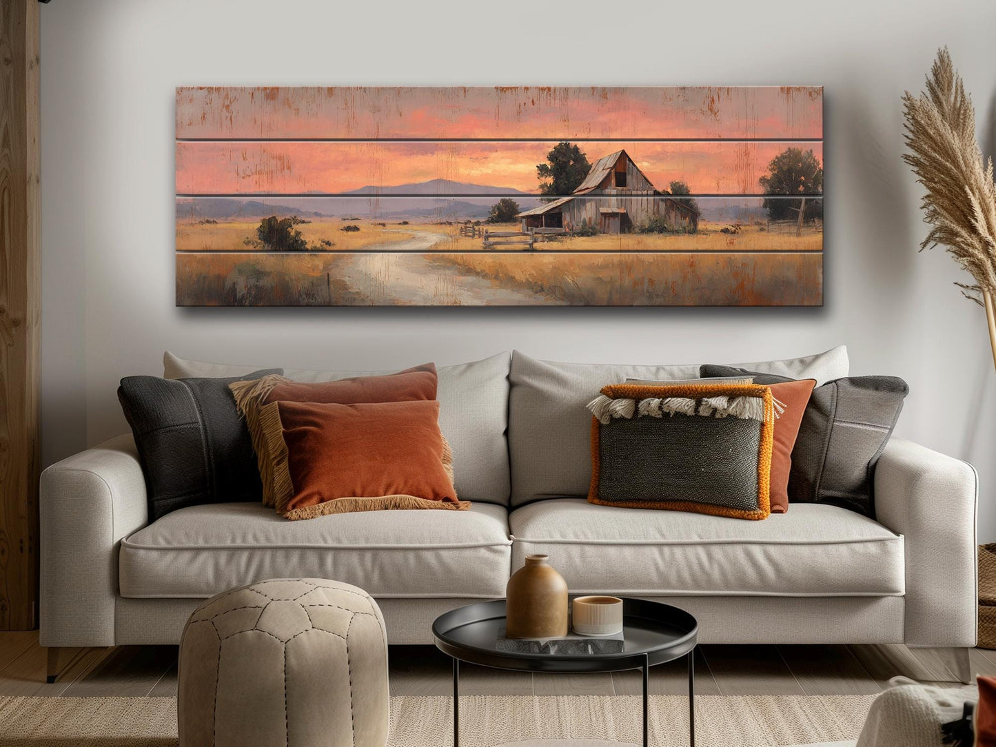 Rustic Barn Wall Art – Handcrafted Wood Print of Peaceful Country Barn at Sunset
