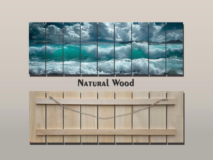 Ocean Wall Decor - Soft Blue Ocean Waves Printed On Natural Wood Art Planks