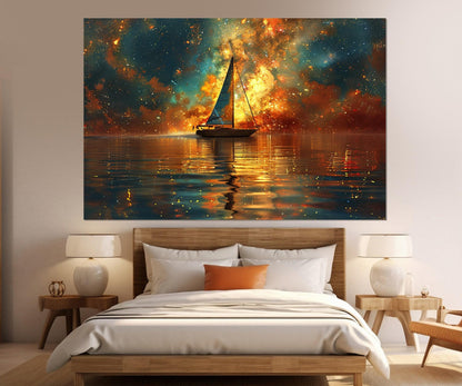 Milky Way Canvas Print – Abstract Galaxy Painting On Cotton Canvas With Sailboat Art