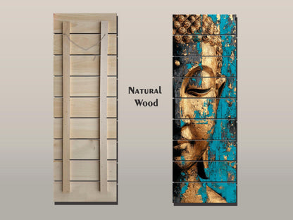Golden Buddha Wall Art – Turquoise Blue Wooden Print | Rustic Spiritual Decor