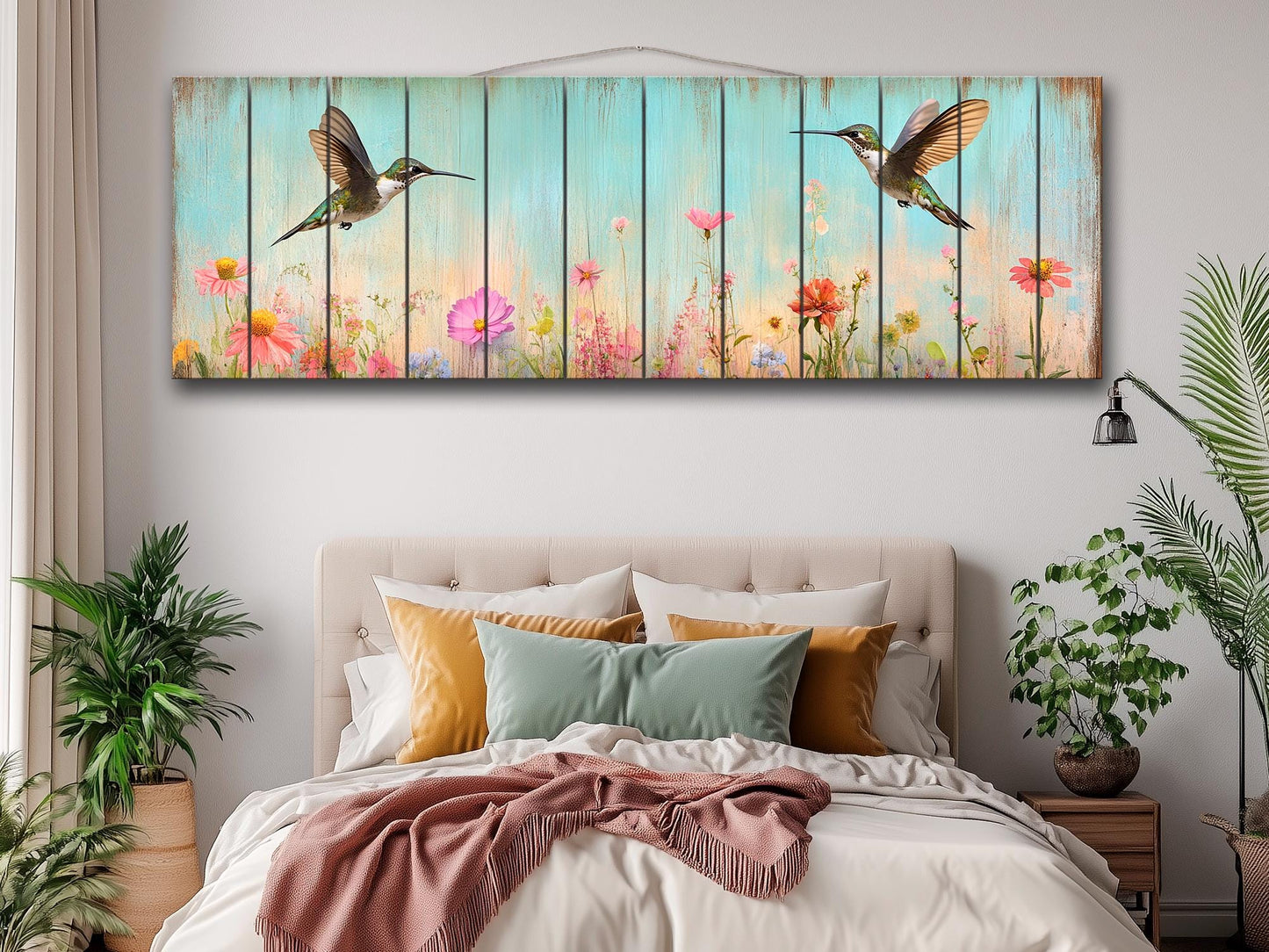 Rustic Wood Wall Art - Hummingbirds Around Wildflowers Print on Natural Wood, Birds Wall Art, Hummingbirds Print, Rustic Landscape Print