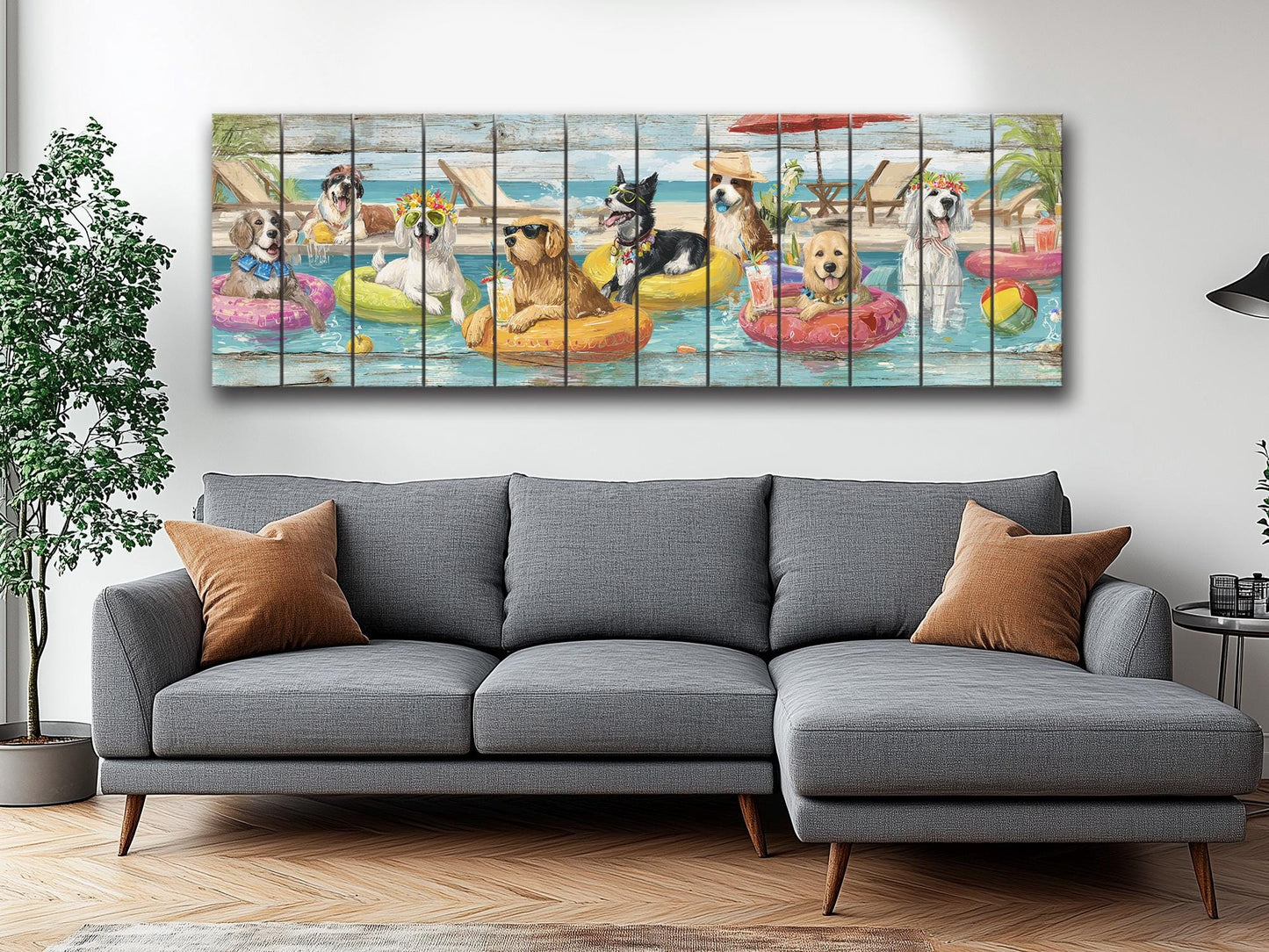 Dog Pool Wall Art – Funny Dog Painting On Rustic Wood For Summer Pool Party