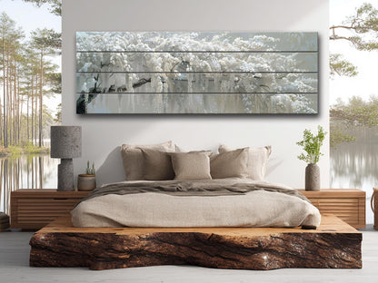 Abstract White Wisteria Tree Blossom Print On Natural Wood
