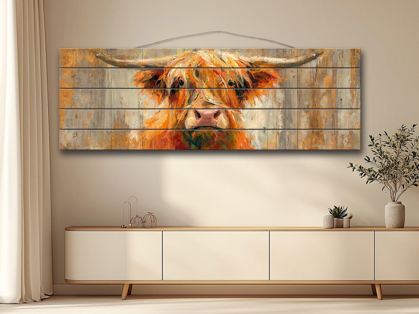 Rustic Wood Wall Art – Cheerful Highland Cow Print | Farmhouse Wall Decor