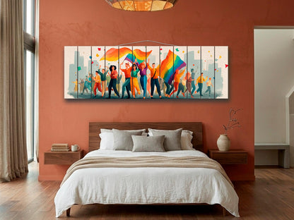 Pride Parade Print on Wood, Joyful LGBT Celebration Wall Art