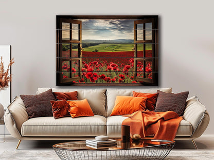 Wood Wall Art – Faux Window Print with Poppy Field Painting | Rustic Farmhouse Decor