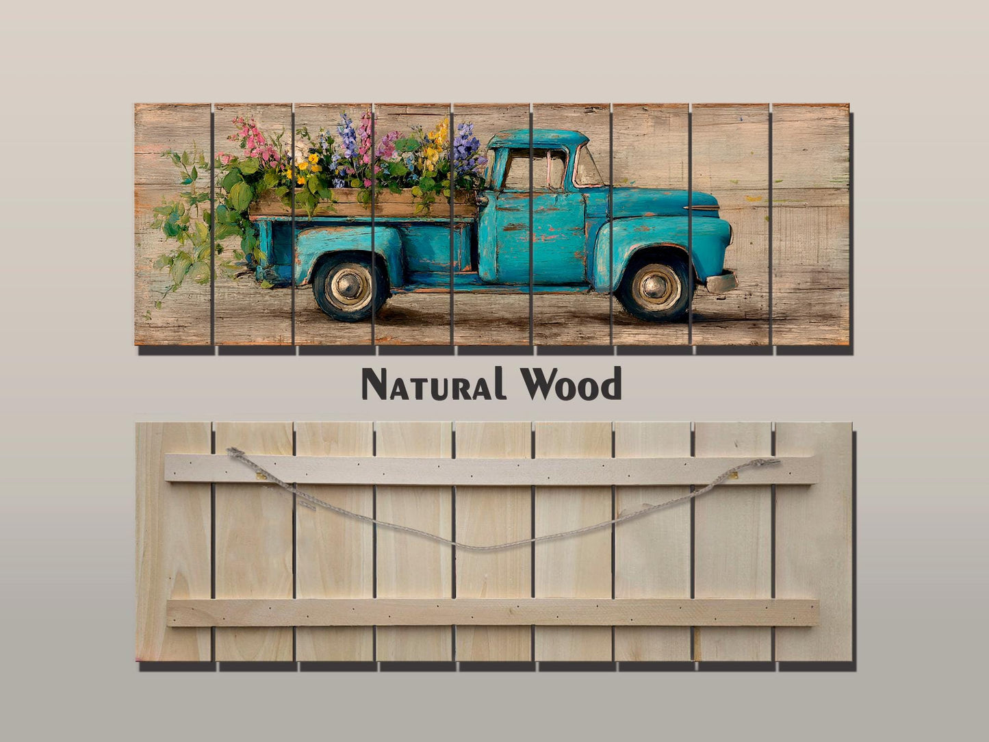 Rustic Wood Wall Art – Vintage Truck Print with Blue Flowers on Wood