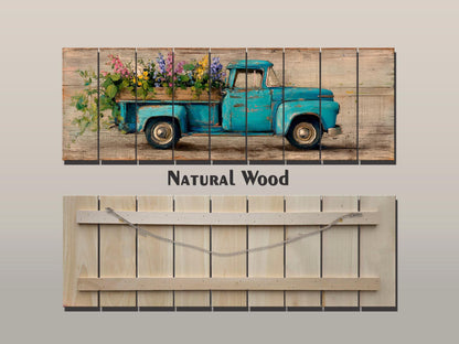 Rustic Wood Wall Art – Vintage Truck Print with Blue Flowers on Wood