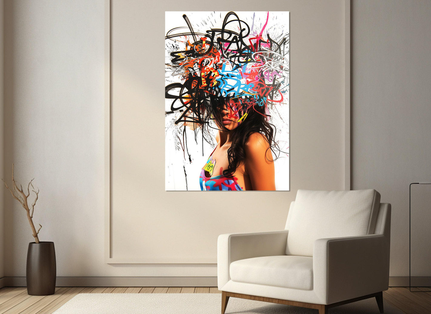 Abstract Graffiti Painting – Framed Canvas Art | Woman Portrait Poster Ready to Hang