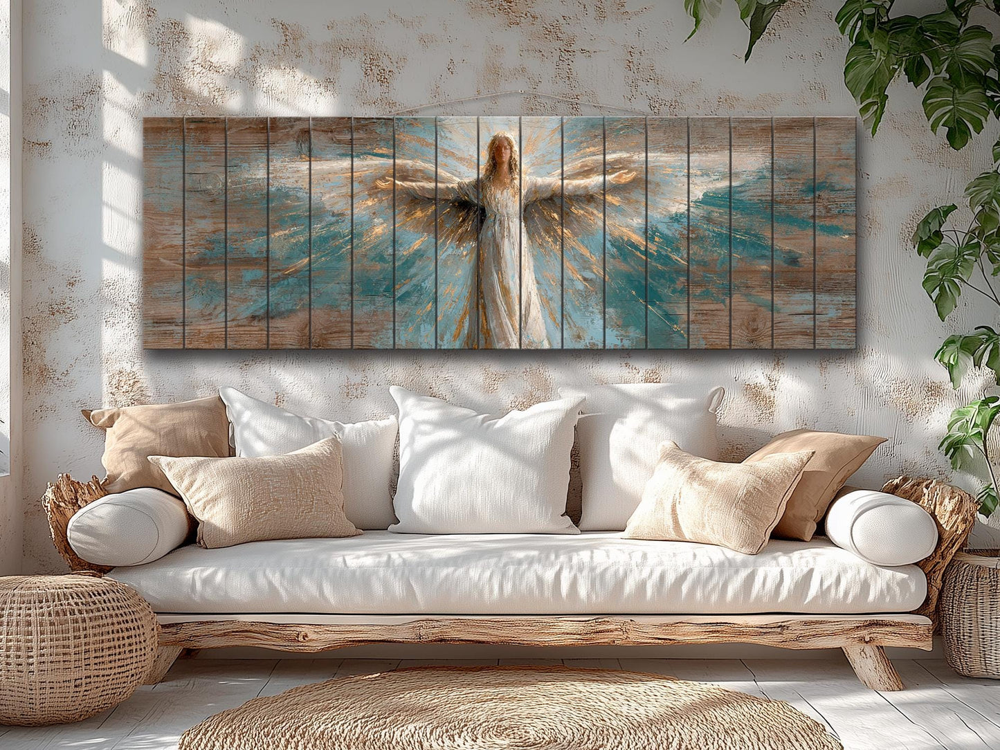 Angel Wood Wall Art – Rustic Christian Art | Handcrafted Wooden Angel Decor Print on Wood