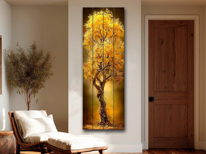 Golden Tree Print on Wood –  Tree with Golden Leaves, Modern Rustic Wall Decor