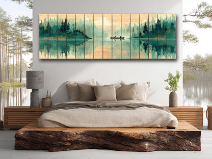 Canoe Waterfall Wall Art – Misty Forest Landscape Print on Wood with Rustic Cabin Decor