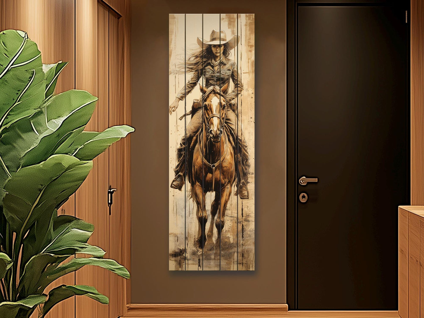 Rustic Cowgirl Art Print – Western Wall Decor | Natural Wood Wood Print Art