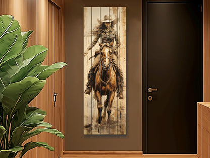 Rustic Cowgirl Art Print – Western Wall Decor | Natural Wood Wood Print Art