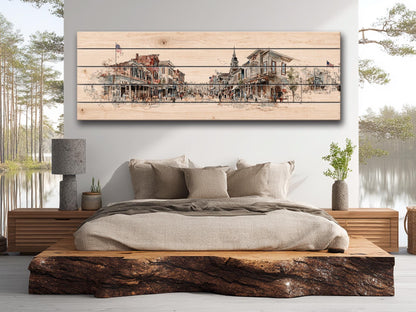 Vintage Americana Wall Art – Main Street Print on Wood with Rustic Farmhouse Charm