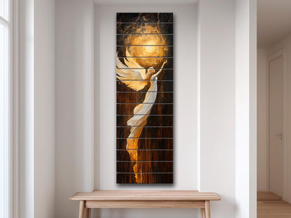 Wood Wall Art – Glowing Angel in White and Gold Robes – Rustic Spiritual Print, Christian Wall Art, Religious Wall Decor