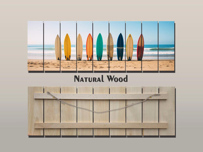 A Row Of Surfboards Print On Natural Wood