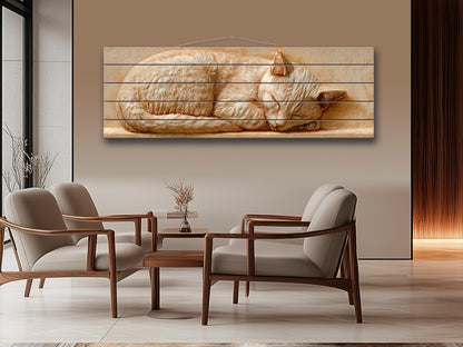 Sleeping Cat Wood Art – Rustic Wood Decor | Beige Wall Art | Cozy Home Print