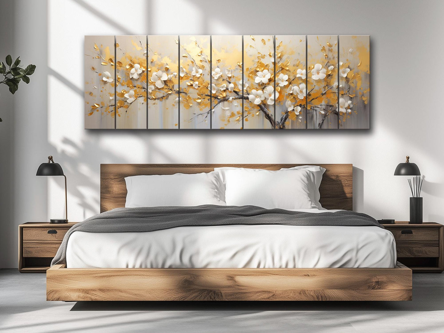 Abstract Gold and White Blossom Tree Print On Natural Wood