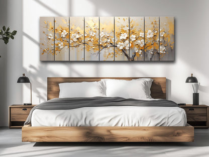 Abstract Gold and White Blossom Tree Print On Natural Wood