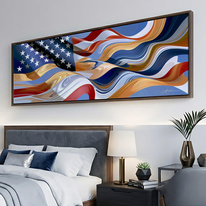 a large, colorful abstract painting of the American flag hanging on a wall above a bed with white linens and a wooden headboard.