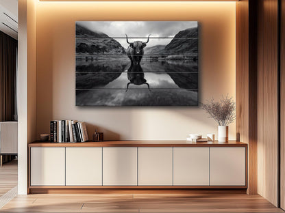 Wood Wall Art | Highland Cow Mountains Print on Natural Wood Planks - Rustic Farmhouse Decor